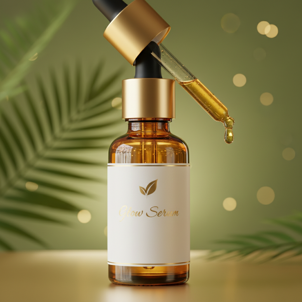 Trendora Glow Face Serum - amber glass dropper bottle with gold cap